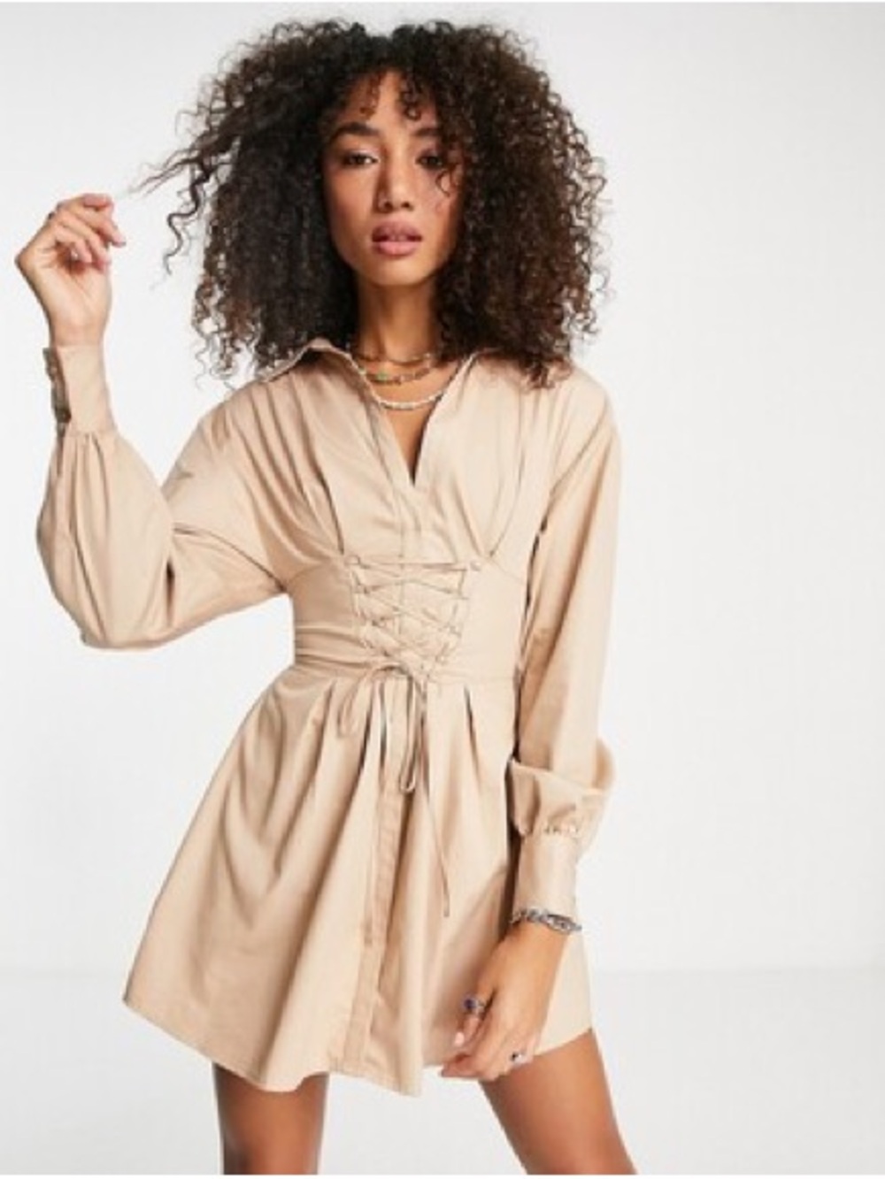 Bershka Poplin Lace Up Mini Shirt Dress